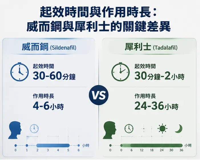 ⏰ 起效時間與作用時長：威而鋼與犀利士的關鍵差異